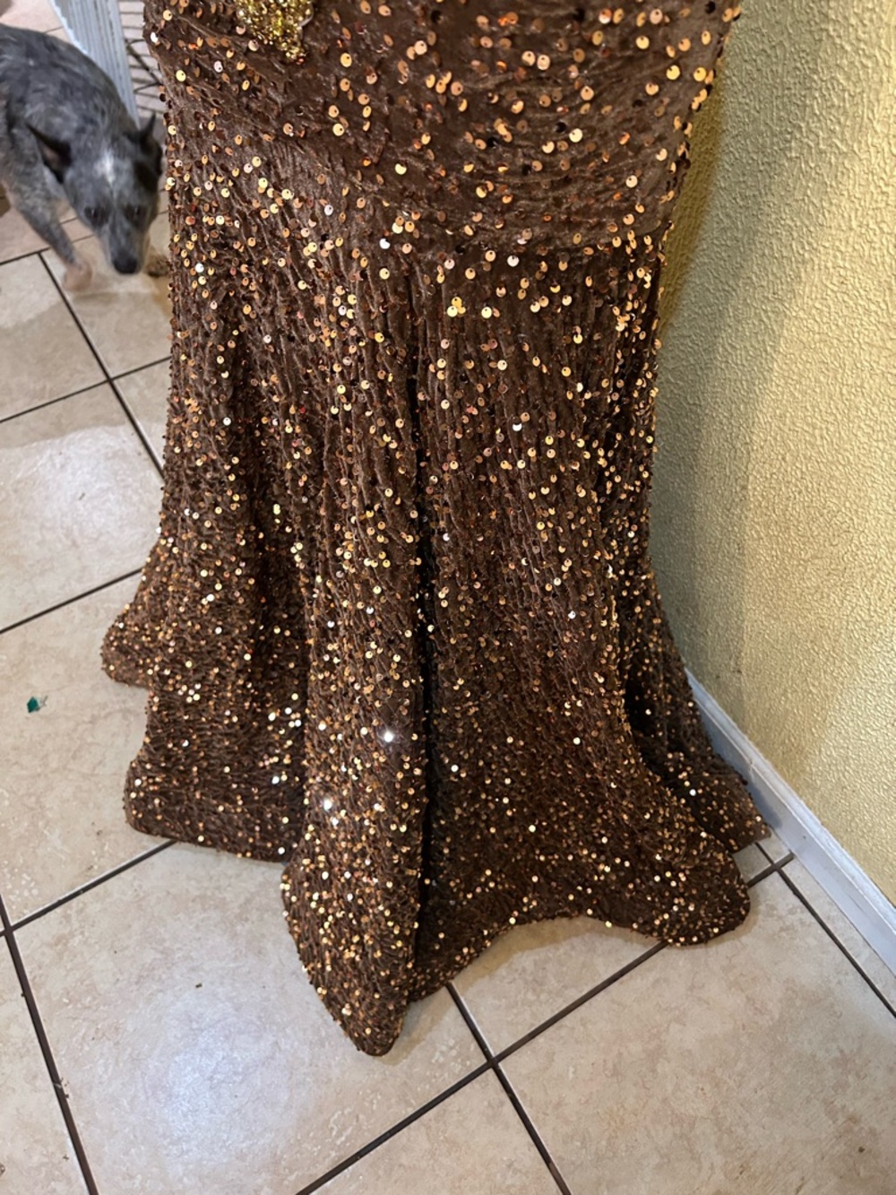 Backless Brown Sequin Evening Gown with Gold Embellishment - Picture 6 of 15